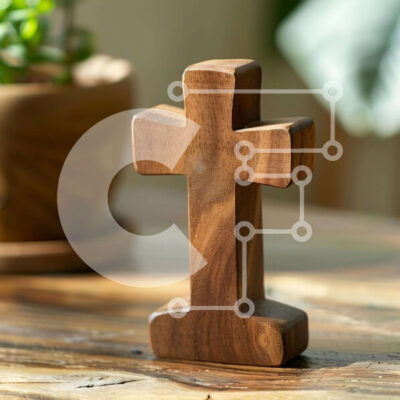 Intra Συλλεκτικό Ξύλινο Παζλ Plywood 4mm - Ξύλινος Σταυρός σε Δρύινο Τραπέζι με Φυτό σε Γλάστρα Σε Ξύλινο Κουτί - Διαστάσεις Puzzle: 10x10 cm – 25 κομμάτια - Image 1