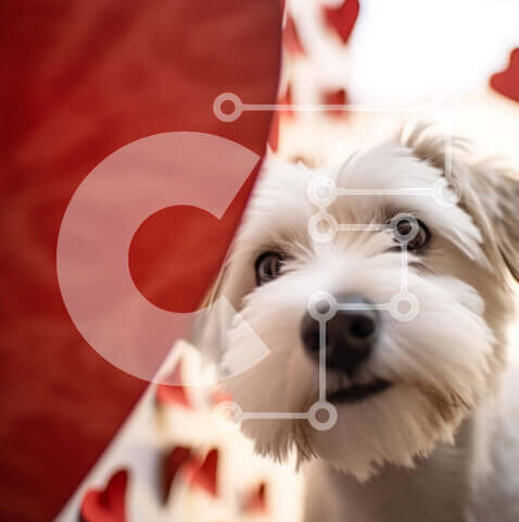 Intra Συλλεκτικό Ξύλινο Παζλ Plywood 4mm - Περίεργος σκύλος που περιβάλλεται από διακοσμήσεις καρδιάς Σε Ξύλινο Κουτί - Διαστάσεις Puzzle: 10x10 cm – 25 κομμάτια - Image 1