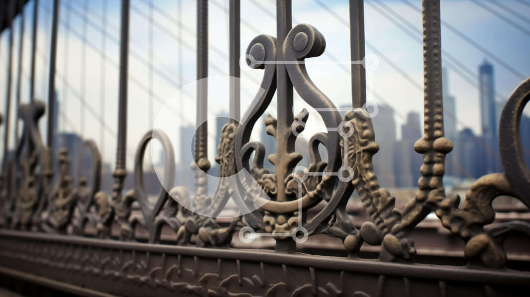 Intra Συλλεκτικό Ξύλινο Παζλ Plywood  4mm - Κομψός περίτεχνος σιδερένιος φράχτης με τον ορίζοντα της πόλης Σε Ξύλινο Κουτί - Διαστάσεις Puzzle: 10x10 cm – 25 κομμάτια