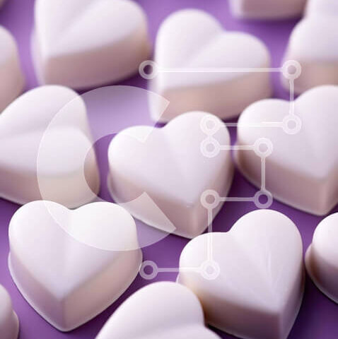 Intra Συλλεκτικό Ξύλινο Παζλ Plywood  4mm - Συστάδα από λευκές καραμέλες σε σχήμα καρδιάς σε μωβ φόντο Σε Ξύλινο Κουτί - Διαστάσεις: 10x10 cm – 25 κομμάτια - Image 1