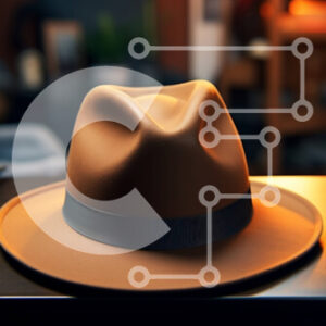 Intra Συλλεκτικό Ξύλινο Παζλ Plywood  4mm - Καφέ καπέλο σε ξύλινο γραφείο με φορητό υπολογιστή και θέα στο ηλιοβασίλεμα Σε Ξύλινο Κουτί - Διαστάσεις: 10x10 cm – 25 κομμάτια