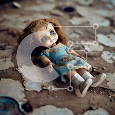 Intra Συλλεκτικό Ξύλινο Παζλ Plywood  4mm - Απόκοσμη εικόνα εγκαταλελειμμένου κτηρίου με μια μοναχική κούκλα στο έδαφος Σε Ξύλινο Κουτί - Διαστάσεις Puzzle: 10x10 cm – 25 κομμάτια - Image 1