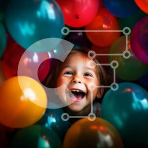 Intra Συλλεκτικό Ξύλινο Παζλ Plywood  4mm - Αξιολάτρευτη εικόνα ενός νεαρού κοριτσιού με πολύχρωμα μπαλόνια Σε Ξύλινο Κουτί - Διαστάσεις Puzzle: 10x10 cm – 25 κομμάτια