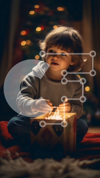 Intra Συλλεκτικό Ξύλινο Παζλ Plywood  4mm - Ευτυχισμένο κορίτσι με κουτί δώρου και κεριά μπροστά από το χριστουγεννιάτικο δέντρο Σε Ξύλινο Κουτί - Διαστάσεις: 10x10 cm – 25 κομμάτια