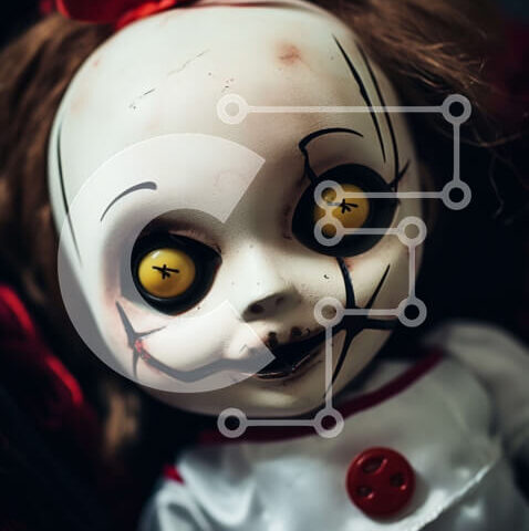 Intra Συλλεκτικό Ξύλινο Παζλ Plywood 4mm - Ανατριχιαστική κούκλα με κόκκινα και κίτρινα μάτια Σε Ξύλινο Κουτί - Διαστάσεις Puzzle: 10x10 cm – 25 κομμάτια - Image 1