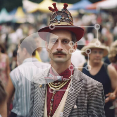 Intra Συλλεκτικό Ξύλινο Παζλ Plywood  4mm - Άνδρας με καρό κοστούμι και καπέλο με μουστάκι που μιλά σε υπαίθρια εκδήλωση Σε Ξύλινο Κουτί - Διαστάσεις Puzzle: 10x10 cm – 25 κομμάτια - Image 1