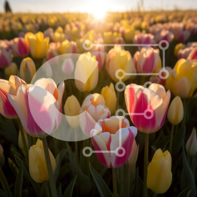 Intra Συλλεκτικό Ξύλινο Παζλ Plywood 4mm - Όμορφη εικόνα ενός χωραφιού με τουλίπες στο ηλιοβασίλεμα Σε Ξύλινο Κουτί - Διαστάσεις: 10x10 cm – 25 κομμάτια - Image 1