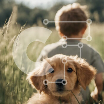 Intra Συλλεκτικό Ξύλινο Παζλ Plywood  4mm - Young Boy και Golden Retriever κουτάβι σε ένα χωράφι Σε Ξύλινο Κουτί - Διαστάσεις Puzzle: 10x10 cm – 25 κομμάτια - Image 1