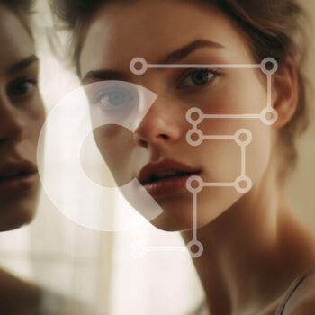 Intra Συλλεκτικό Ξύλινο Παζλ Plywood  4mm - Γυναίκα ουδέτερης έκφρασης που ελέγχει την αντανάκλασή της σε έναν καθρέφτη Σε Ξύλινο Κουτί - Διαστάσεις Puzzle: 10x10 cm – 25 κομμάτια - Image 1