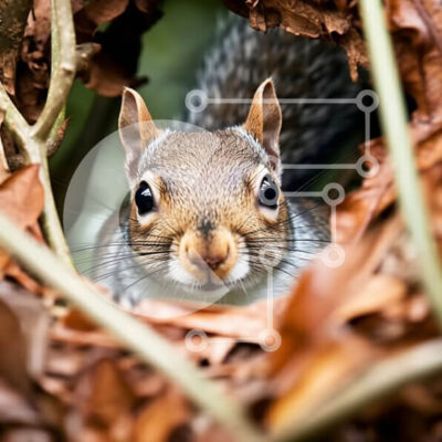 Intra Συλλεκτικό Ξύλινο Παζλ Plywood  4mm - Αξιολάτρευτο κοντινό πλάνο του προσώπου ενός γκρίζου σκίουρου που κρυφοκοιτάζει πίσω από ένα σωρό φύλλα Σε Ξύλινο Κουτί - Διαστάσεις: 10x10 cm – 25 κομμάτια - Image 1