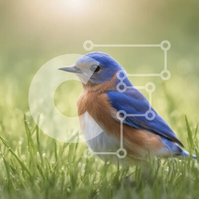 Intra Συλλεκτικό Ξύλινο Παζλ Plywood 4mm - Μπλε πουλί στην πράσινη χλόη με το μπλε ουρανό και τα λευκά σύννεφα Σε Ξύλινο Κουτί - Διαστάσεις: 10x10 cm – 25 κομμάτια - Image 1