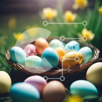 Intra Συλλεκτικό Ξύλινο Παζλ Plywood  4mm - Πολύχρωμα Πασχαλινά αυγά στο γρασίδι με τους νάρκισσους Σε Ξύλινο Κουτί - Διαστάσεις: 10x10 cm – 25 κομμάτια - Image 1