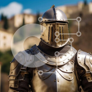 Intra Συλλεκτικό Ξύλινο Παζλ Plywood  4mm - Μεσαιωνικός ιππότης με πανοπλία μπροστά από την αρχαία πόλη Σε Ξύλινο Κουτί - Διαστάσεις Puzzle: 10x10 cm – 25 κομμάτια - Image 1