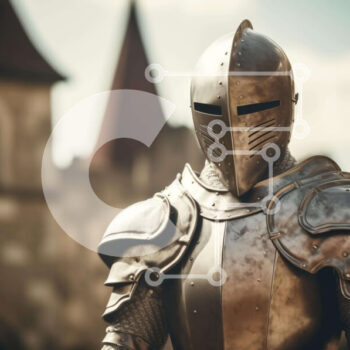 Intra Συλλεκτικό Ξύλινο Παζλ Plywood  4mm - Ιππότης με πλήρη πανοπλία που στέκεται μπροστά από ένα παλιό κτίριο Σε Ξύλινο Κουτί - Διαστάσεις Puzzle: 10x10 cm – 25 κομμάτια - Image 1