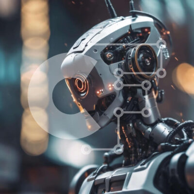 Intra Συλλεκτικό Ξύλινο Παζλ Plywood 4mm - Φουτουριστικό ρομπότ σε φωτισμένο αστικό τοπίο Σε Ξύλινο Κουτί - Διαστάσεις Puzzle: 10x10 cm – 25 κομμάτια - Image 1