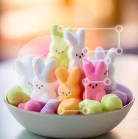 Intra Συλλεκτικό Ξύλινο Παζλ Plywood 4mm - Πολύχρωμο Πασχαλινό Marshmallow Peeps σε ένα μπολ με κουνελάκια Σε Ξύλινο Κουτί - Διαστάσεις: 10x10 cm – 25 κομμάτια - Image 1
