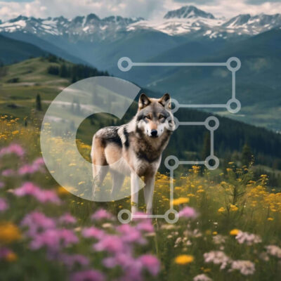 Intra Συλλεκτικό Ξύλινο Παζλ Plywood  4mm - Γκρίζος λύκος στο ανοιχτό λιβάδι με τα βουνά και τα λουλούδια Σε Ξύλινο Κουτί - Διαστάσεις: 10x10 cm – 25 κομμάτια - Image 1