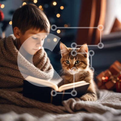 Intra Συλλεκτικό Ξύλινο Παζλ Plywood  4mm - Νεαρό αγόρι που διαβάζει με τη γάτα του τα Χριστούγεννα Σε Ξύλινο Κουτί - Διαστάσεις Puzzle: 10x10 cm – 25 κομμάτια - Image 1