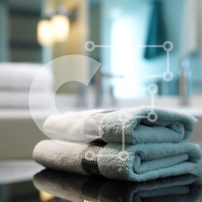 Intra Συλλεκτικό Ξύλινο Παζλ Plywood  4mm - Κομψό μπάνιο με μπλε και λευκές ριγέ πετσέτες σε μαύρο μαρμάρινο πάγκο Σε Ξύλινο Κουτί - Διαστάσεις Puzzle: 10x10 cm – 25 κομμάτια - Image 1