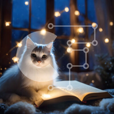 Intra Συλλεκτικό Ξύλινο Παζλ Plywood  4mm - Λευκή γάτα που διαβάζει το βιβλίο τη νύχτα Σε Ξύλινο Κουτί - Διαστάσεις: 10x10 cm – 25 κομμάτια - Image 1