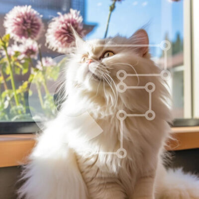 Intra Συλλεκτικό Ξύλινο Παζλ Plywood 4mm - Όμορφη εικόνα μιας λευκής γάτας που κάθεται στο περβάζι που περιβάλλεται από λουλούδια Σε Ξύλινο Κουτί - Διαστάσεις: 10x10 cm – 25 κομμάτια - Image 1