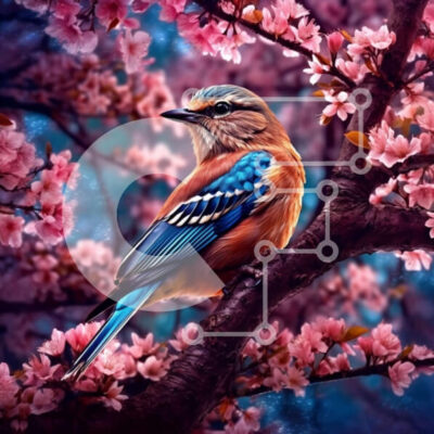 Intra Συλλεκτικό Ξύλινο Παζλ Plywood 4mm - Όμορφη εικόνα ενός Blue Jay σε ένα δέντρο με άνθη κερασιάς Σε Ξύλινο Κουτί - Διαστάσεις: 10x10 cm – 25 κομμάτια - Image 1