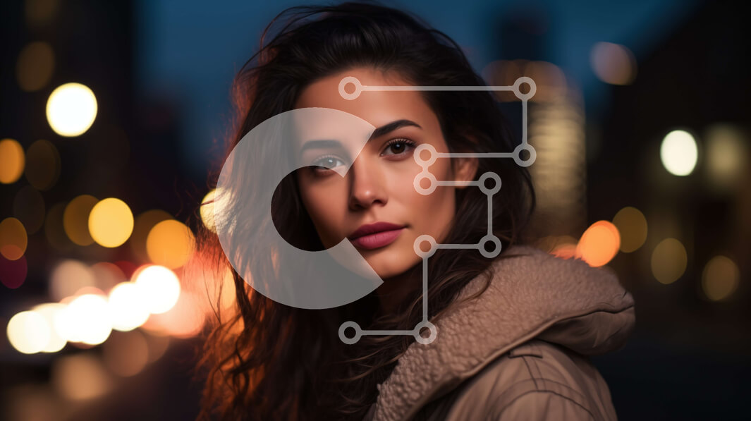 Intra Συλλεκτικό Ξύλινο Παζλ Plywood  4mm - Γυναίκα με μακριά, σκούρα μαλλιά που στέκεται στον αστικό δρόμο τη νύχτα Σε Ξύλινο Κουτί - Διαστάσεις Puzzle: 10x10 cm – 25 κομμάτια