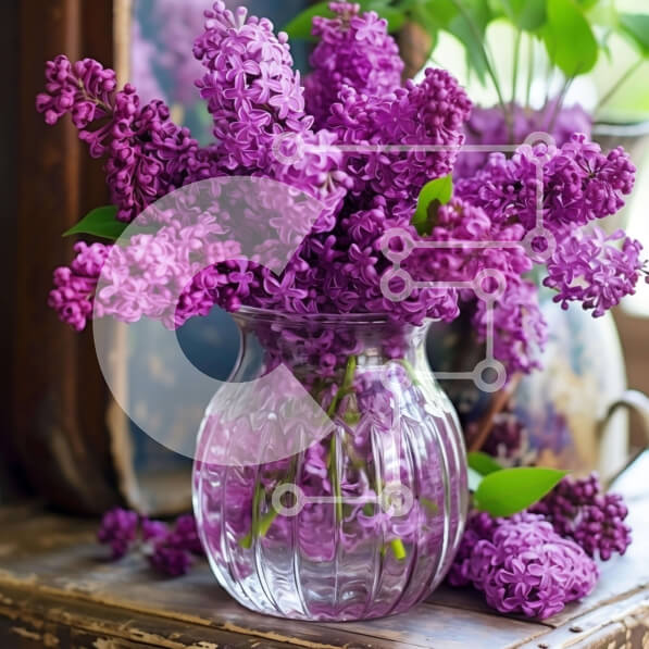 Intra Συλλεκτικό Ξύλινο Παζλ Plywood  4mm - Μωβ λιλά λουλούδια σε γυάλινο βάζο σε ξύλινο τραπέζι Σε Ξύλινο Κουτί - Διαστάσεις: 10x10 cm – 25 κομμάτια