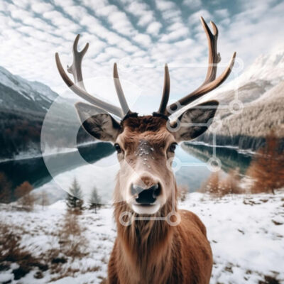 Intra Συλλεκτικό Ξύλινο Παζλ Plywood  4mm - Ελάφια με μεγάλα κέρατα στο χιονισμένο ορεινό τοπίο Σε Ξύλινο Κουτί - Διαστάσεις: 10x10 cm – 25 κομμάτια - Image 1