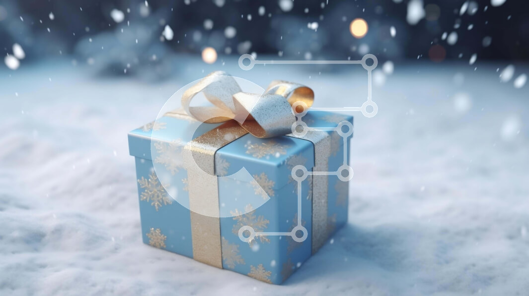 Intra Συλλεκτικό Ξύλινο Παζλ Plywood  4mm - Μπλε κουτί δώρου με χρυσή κορδέλα στο χιόνι Σε Ξύλινο Κουτί - Διαστάσεις: 10x10 cm – 25 κομμάτια