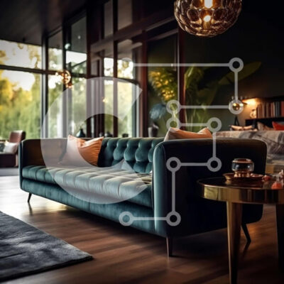 Intra Συλλεκτικό Ξύλινο Παζλ Plywood 4mm - Κομψό σαλόνι με πράσινο βελούδινο καναπέ και μεγάλα παράθυρα Σε Ξύλινο Κουτί - Διαστάσεις Puzzle: 10x10 cm – 25 κομμάτια - Image 1