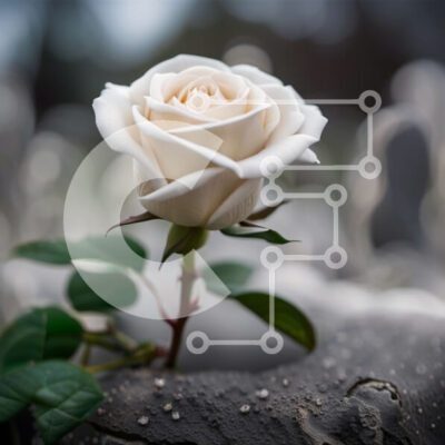 Intra Συλλεκτικό Ξύλινο Παζλ Plywood  4mm - Ειρηνική εικόνα ενός λευκού τριαντάφυλλου σε μια ταφόπλακα σε ένα νεκροταφείο Σε Ξύλινο Κουτί - Διαστάσεις: 10x10 cm – 25 κομμάτια - Image 1