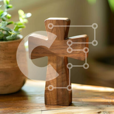 Intra Συλλεκτικό Ξύλινο Παζλ Plywood 4mm - Ξύλινος Σταυρός σε Δρύινο Τραπέζι με Φυτό σε Γλάστρα Σε Ξύλινο Κουτί - Διαστάσεις Puzzle: 10x10 cm – 25 κομμάτια - Image 1