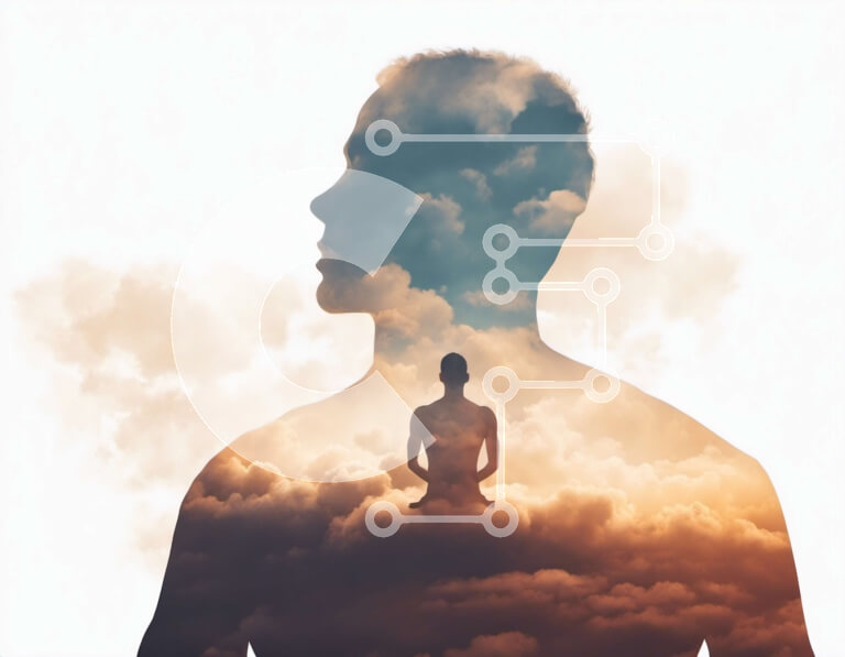 Intra Συλλεκτικό Ξύλινο Παζλ Plywood  4mm - Σιλουέτα διαλογισμός με επικάλυψη σύννεφων Σε Ξύλινο Κουτί - Διαστάσεις Puzzle: 10x10 cm – 25 κομμάτια