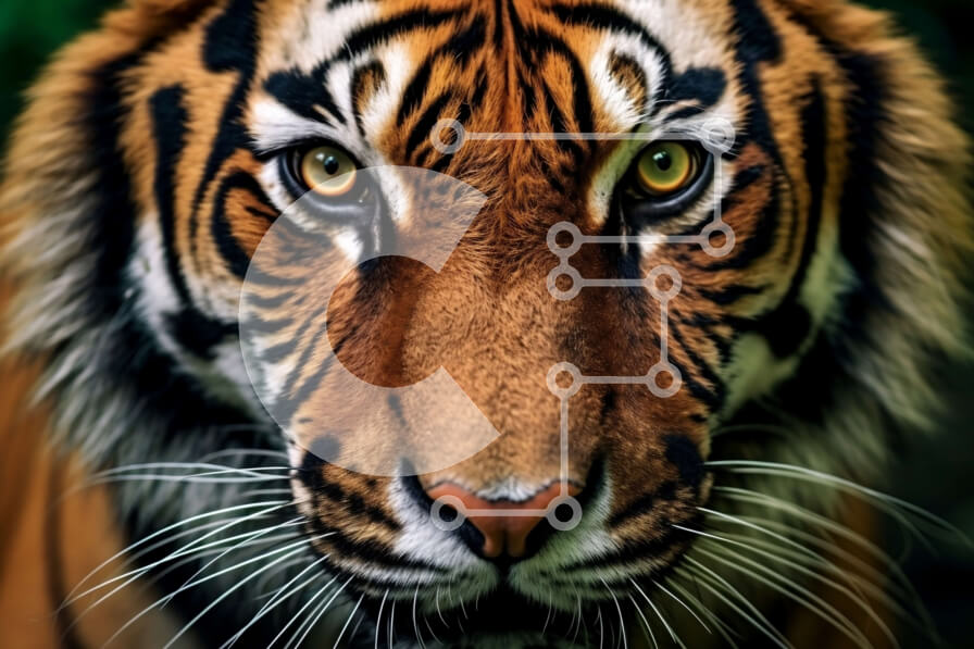 Intra Συλλεκτικό Ξύλινο Παζλ Plywood  4mm - Κοντινή εικόνα του προσώπου της τίγρης με διαπεραστικά πράσινα μάτια Σε Ξύλινο Κουτί - Διαστάσεις: 10x10 cm – 25 κομμάτια