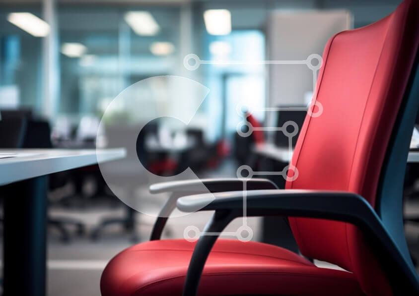 Intra Συλλεκτικό Ξύλινο Παζλ Plywood  4mm - Κόκκινη δερμάτινη καρέκλα σε χώρο γραφείου με γραφεία και καρέκλες Σε Ξύλινο Κουτί - Διαστάσεις Puzzle: 10x10 cm – 25 κομμάτια - Image 1