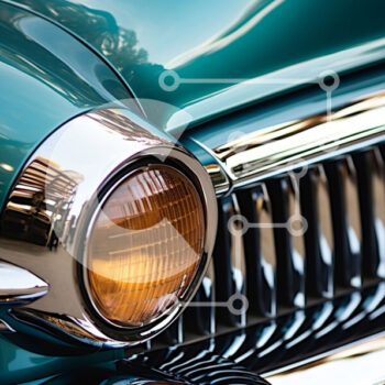 Intra Συλλεκτικό Ξύλινο Παζλ Plywood  4mm - Όμορφη κοντινή λήψη της μπροστινής μάσκας και των προβολέων ενός τιρκουάζ κλασικού αυτοκινήτου Σε Ξύλινο Κουτί - Διαστάσεις Puzzle: 10x10 cm – 25 κομμάτια - Image 1