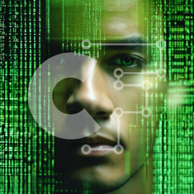 Intra Συλλεκτικό Ξύλινο Παζλ Plywood  4mm - Άνθρωπος μπροστά από κωδικοποιημένες γραμμές πράσινης μήτρας Σε Ξύλινο Κουτί - Διαστάσεις Puzzle: 10x10 cm – 25 κομμάτια - Image 1