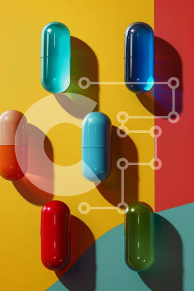 Intra Συλλεκτικό Ξύλινο Παζλ Plywood  4mm - Πολύχρωμες κάψουλες χαπιών σε πολύχρωμο φόντο Σε Ξύλινο Κουτί - Διαστάσεις Puzzle: 10x10 cm – 25 κομμάτια