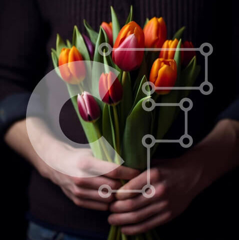 Intra Συλλεκτικό Ξύλινο Παζλ Plywood  4mm - Άνδρας που κρατά πορτοκαλί και κόκκινες τουλίπες μπουκέτο Σε Ξύλινο Κουτί - Διαστάσεις: 10x10 cm – 25 κομμάτια - Image 1