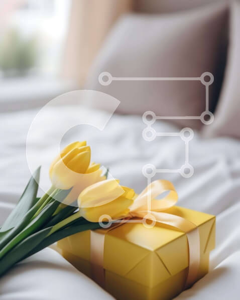 Intra Συλλεκτικό Ξύλινο Παζλ Plywood  4mm - Κίτρινες τουλίπες και κουτί δώρου στο κρεβάτι Σε Ξύλινο Κουτί - Διαστάσεις: 10x10 cm – 25 κομμάτια