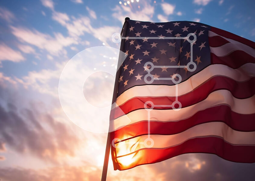 Intra Συλλεκτικό Ξύλινο Παζλ Plywood  4mm - Αμερικανική σημαία που κυματίζει στον άνεμο στις 4 Ιουλίου Σε Ξύλινο Κουτί - Διαστάσεις: 10x10 cm – 25 κομμάτια