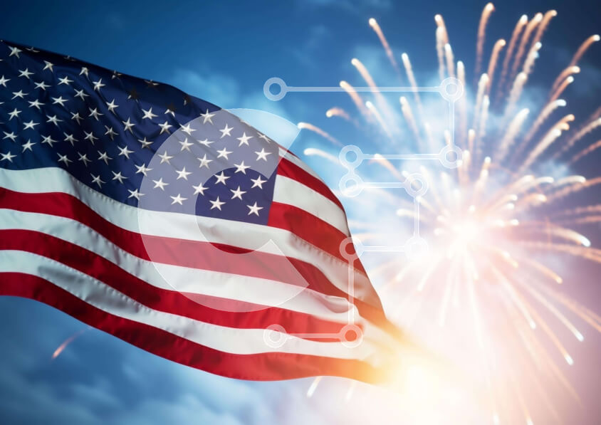 Intra Συλλεκτικό Ξύλινο Παζλ Plywood  4mm - Αμερικανική σημαία με μπλε ουρανό και πυροτεχνήματα Σε Ξύλινο Κουτί - Διαστάσεις: 10x10 cm – 25 κομμάτια