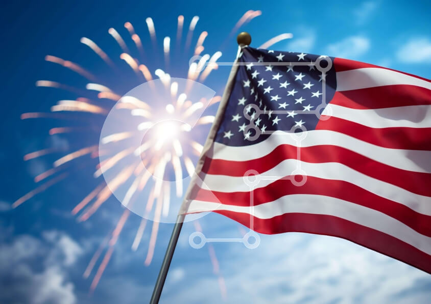 Intra Συλλεκτικό Ξύλινο Παζλ Plywood  4mm - Αμερικανική σημαία που κυματίζει στον άνεμο με πυροτεχνήματα Σε Ξύλινο Κουτί - Διαστάσεις: 10x10 cm – 25 κομμάτια