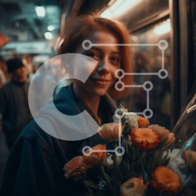 Intra Συλλεκτικό Ξύλινο Παζλ Plywood 4mm - Χαμογελαστή κοκκινομάλλα γυναίκα με πορτοκαλί λουλούδια στην πολυσύχναστη οδό Σε Ξύλινο Κουτί - Διαστάσεις Puzzle: 10x10 cm – 25 κομμάτια - Image 1