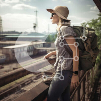 Intra Συλλεκτικό Ξύλινο Παζλ Plywood  4mm - Γυναίκα με πράσινο σακίδιο σε μια γέφυρα που κοιτάζει το αστικό τοπίο Σε Ξύλινο Κουτί - Διαστάσεις Puzzle: 10x10 cm – 25 κομμάτια - Image 1