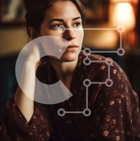 Intra Συλλεκτικό Ξύλινο Παζλ Plywood  4mm - Στοχαστική γυναίκα με καφέ λουλουδάτο σάλι που κάθεται σε δωμάτιο με χαμηλό φωτισμό Σε Ξύλινο Κουτί - Διαστάσεις Puzzle: 10x10 cm – 25 κομμάτια - Image 1