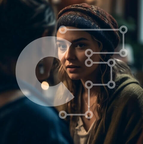 Intra Συλλεκτικό Ξύλινο Παζλ Plywood  4mm - Νεαρή γυναίκα και άνδρας σε μια σοβαρή συνομιλία σε αμυδρά φωτισμένο δωμάτιο Σε Ξύλινο Κουτί - Διαστάσεις Puzzle: 10x10 cm – 25 κομμάτια - Image 1