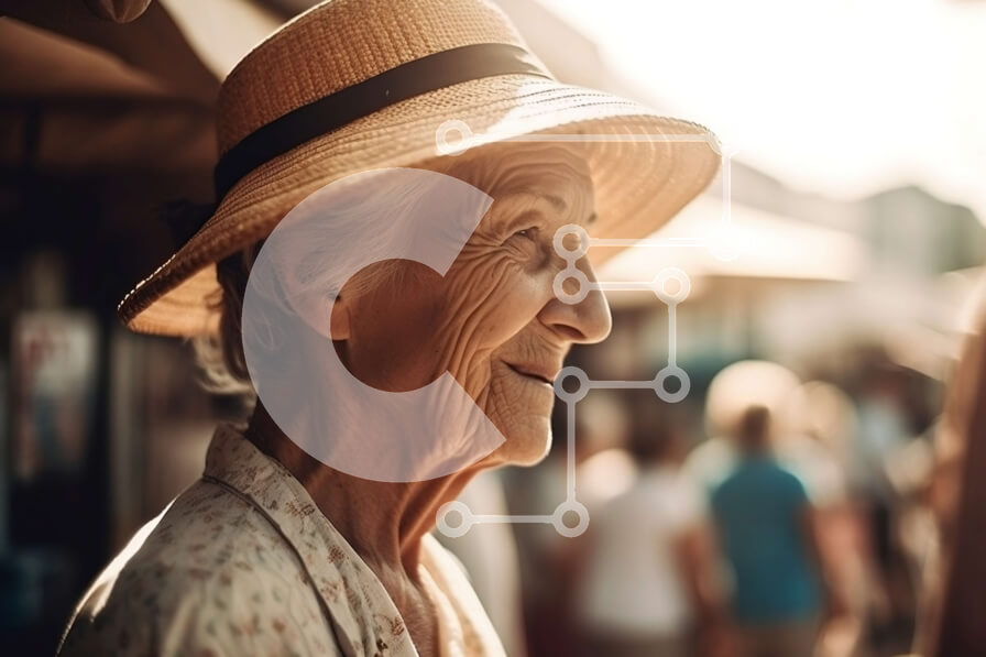 Intra Συλλεκτικό Ξύλινο Παζλ Plywood  4mm - Ευτυχισμένη ηλικιωμένη γυναίκα σε έναν πολυσύχναστο δρόμο Σε Ξύλινο Κουτί - Διαστάσεις Puzzle: 10x10 cm – 25 κομμάτια