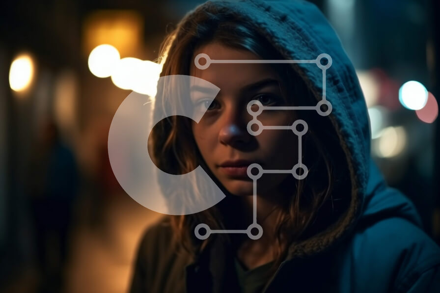 Intra Συλλεκτικό Ξύλινο Παζλ Plywood  4mm - Σοβαρή νεαρή γυναίκα με κουκούλα που στέκεται σε έναν σκοτεινό δρόμο τη νύχτα Σε Ξύλινο Κουτί - Διαστάσεις Puzzle: 10x10 cm – 25 κομμάτια